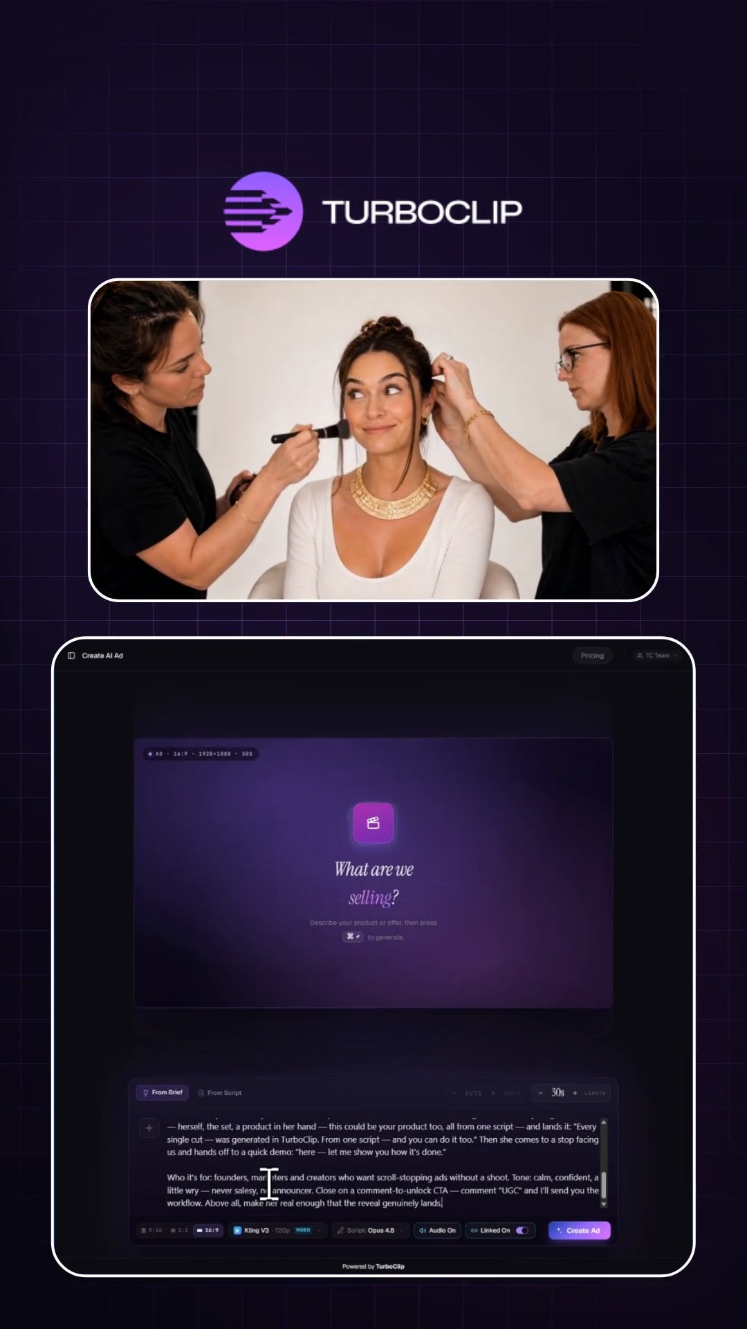 A hyper-realistic presenter mid beauty-shoot — every frame generated in TurboClip, nothing filmed.