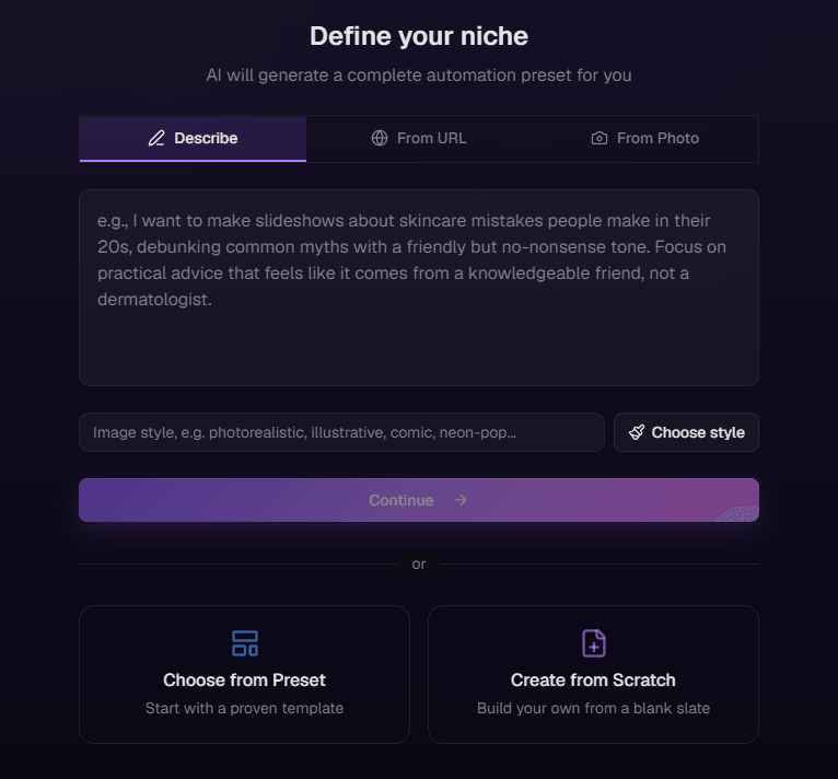 TurboClip's niche setup — describe your niche, paste a URL, or upload screenshots to auto-generate a complete automation preset.