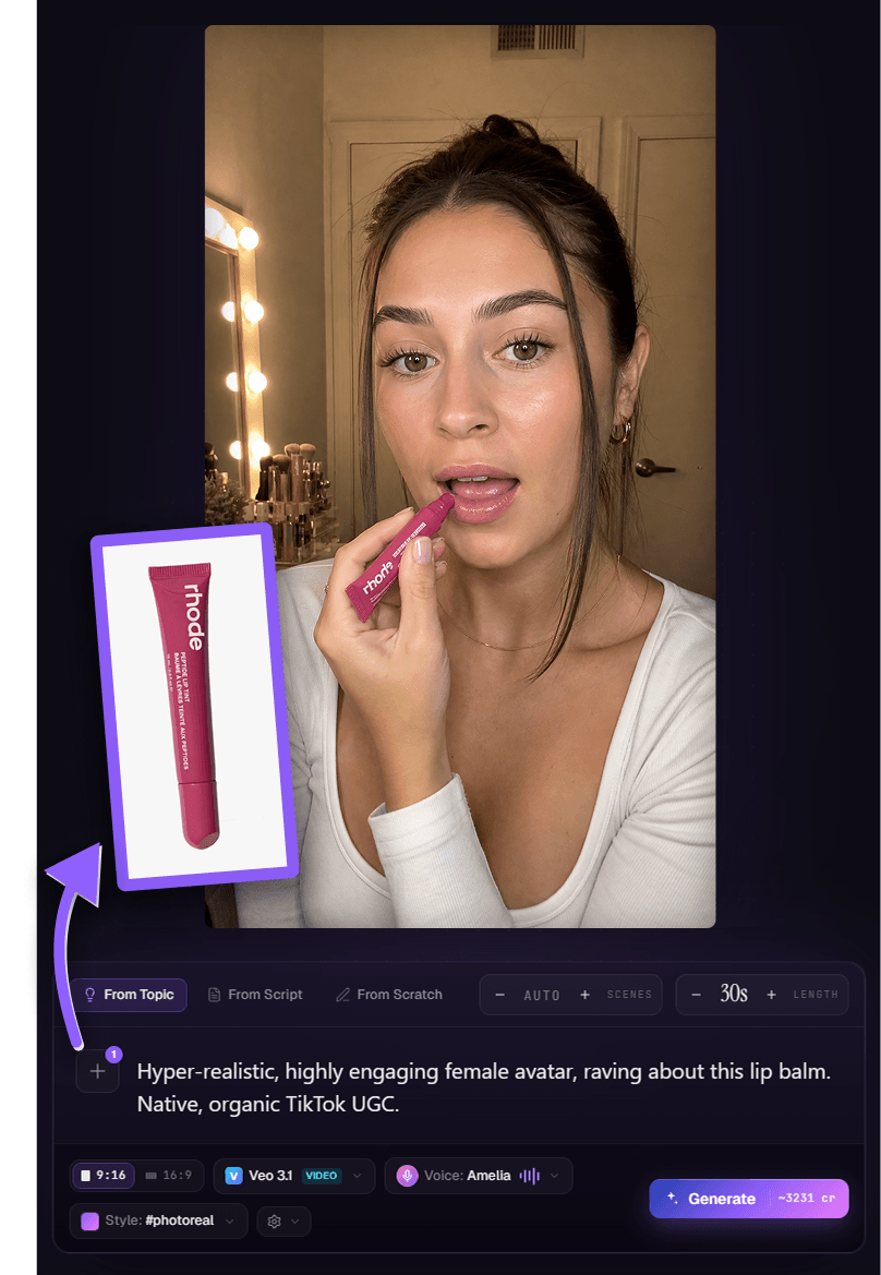 The TurboClip AI Ad Creator — an AI presenter raving about a product to camera while the uploaded product stays consistent across every shot.