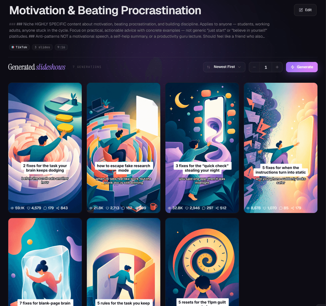A running TurboClip automation and the on-brand slideshows it has generated over time.