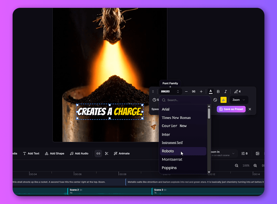 Caption preset picker beside the canvas with a word-level highlighted caption.