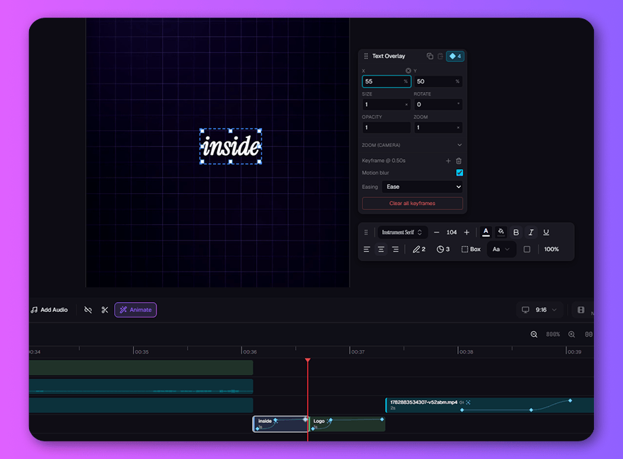 Keyframe diamonds with easing curves on a clip, and a motion-blurred title flying across the canvas.