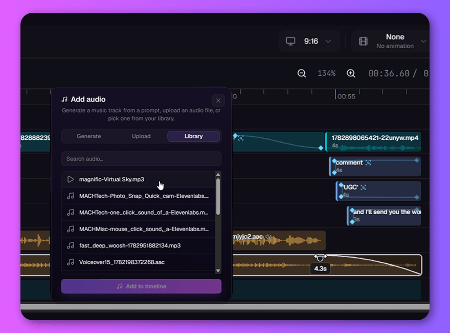 Audio tracks with waveforms and a fade-out arc being dragged, showing a live seconds readout.