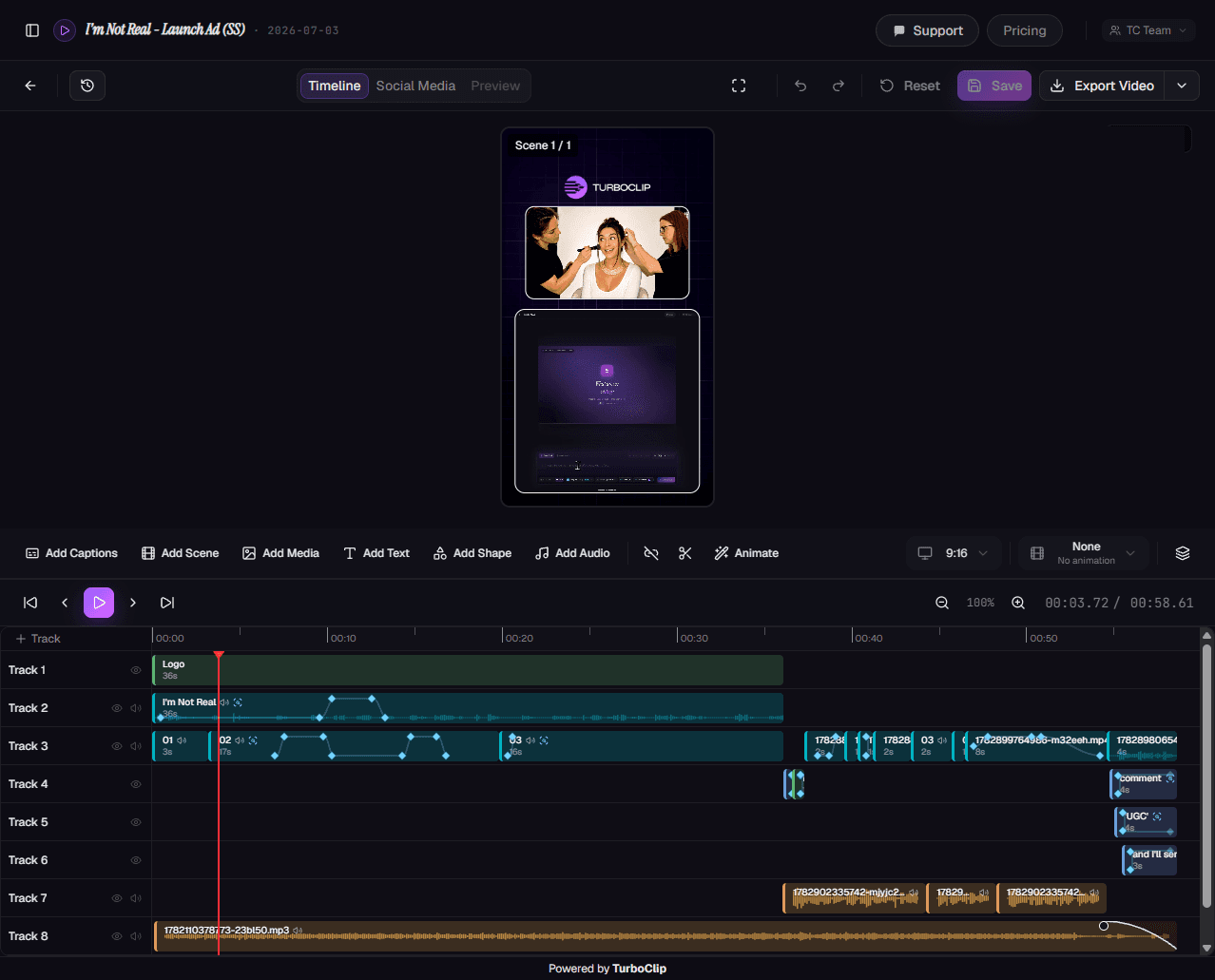 The launch ad’s timeline — video-in-video, effects, music, stacked across many tracks.