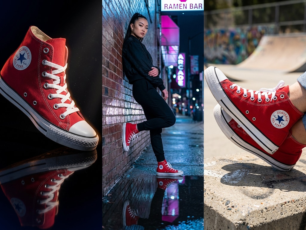 The same product re-staged across three different shots — different environments and styles, still recognizably the same product.