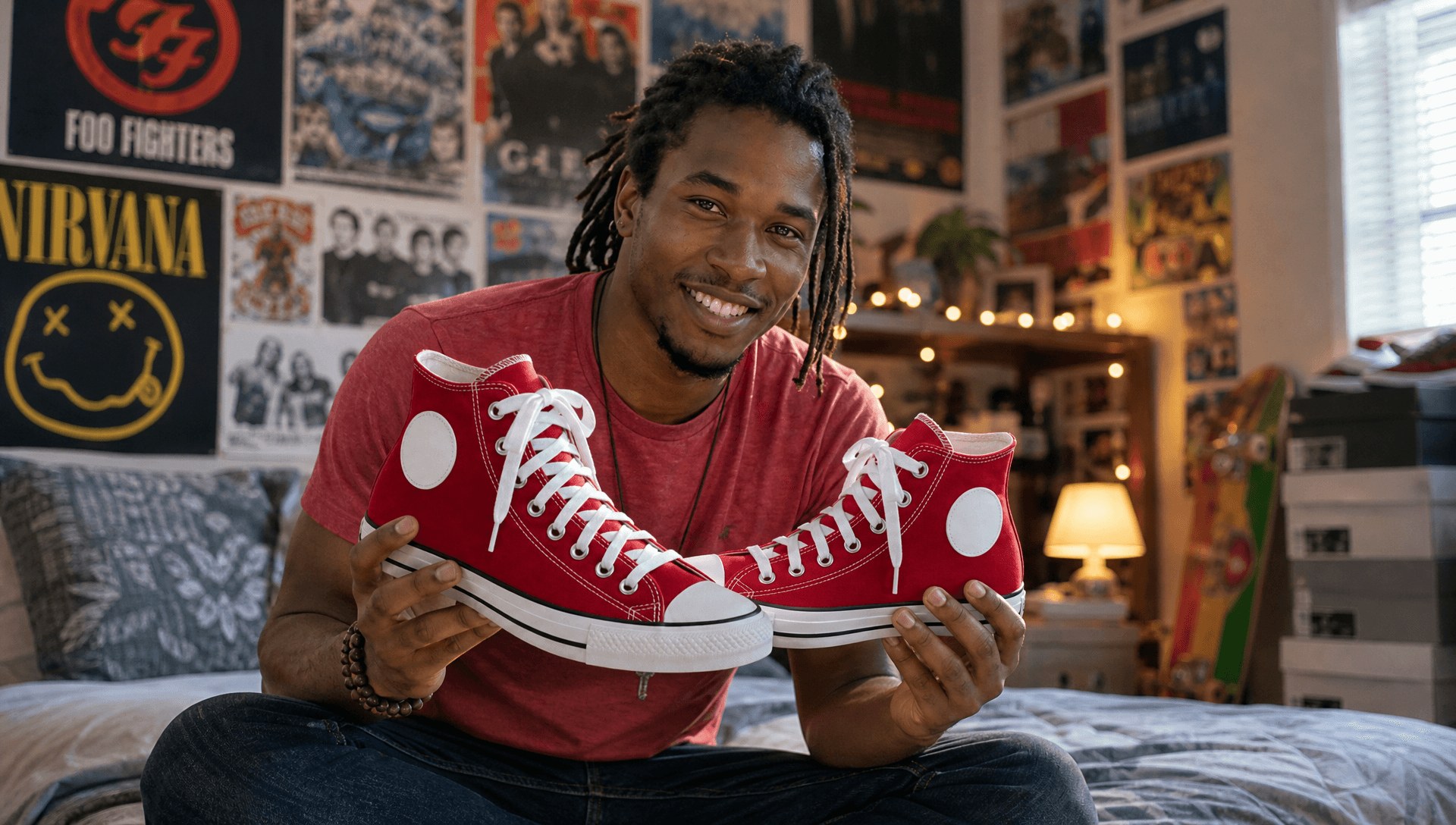 The generated reference frame — a skater on his bed holding the sneakers up to camera.