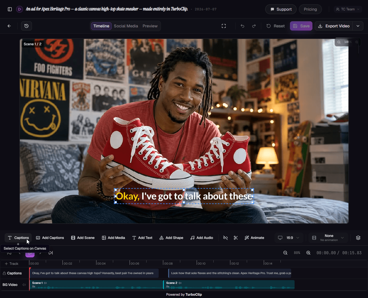 The approved sneaker ad open in TurboClip Studio, with captions and titles before export.