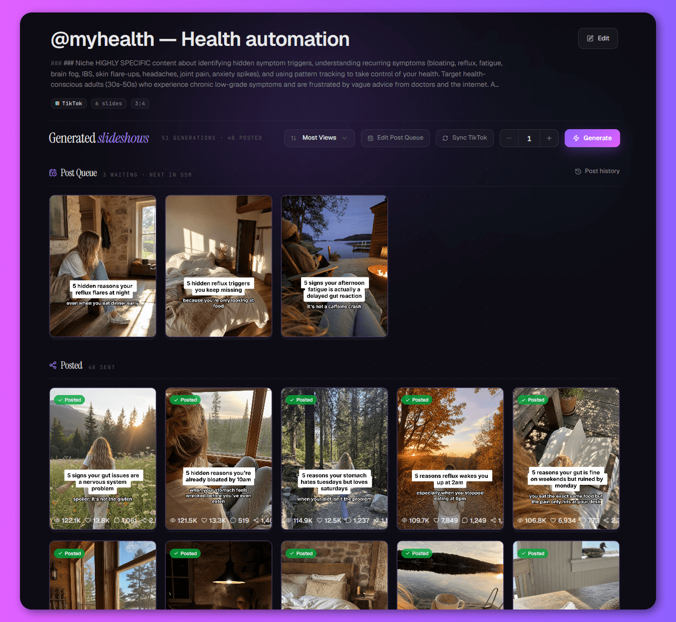 A live TurboClip automation — its post queue and dozens of already-posted on-brand slideshows.