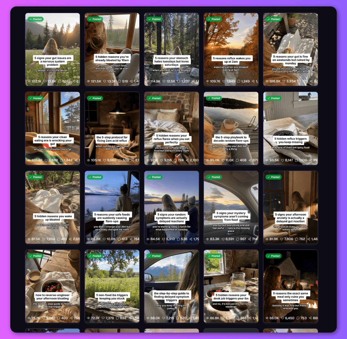 A wall of on-brand slideshow thumbnails, all generated by one automation.