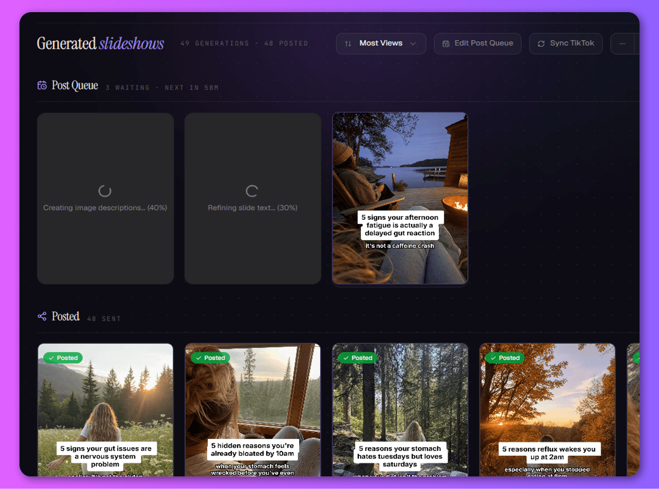 The automation's post queue — finished slideshows scheduled and lined up to publish.