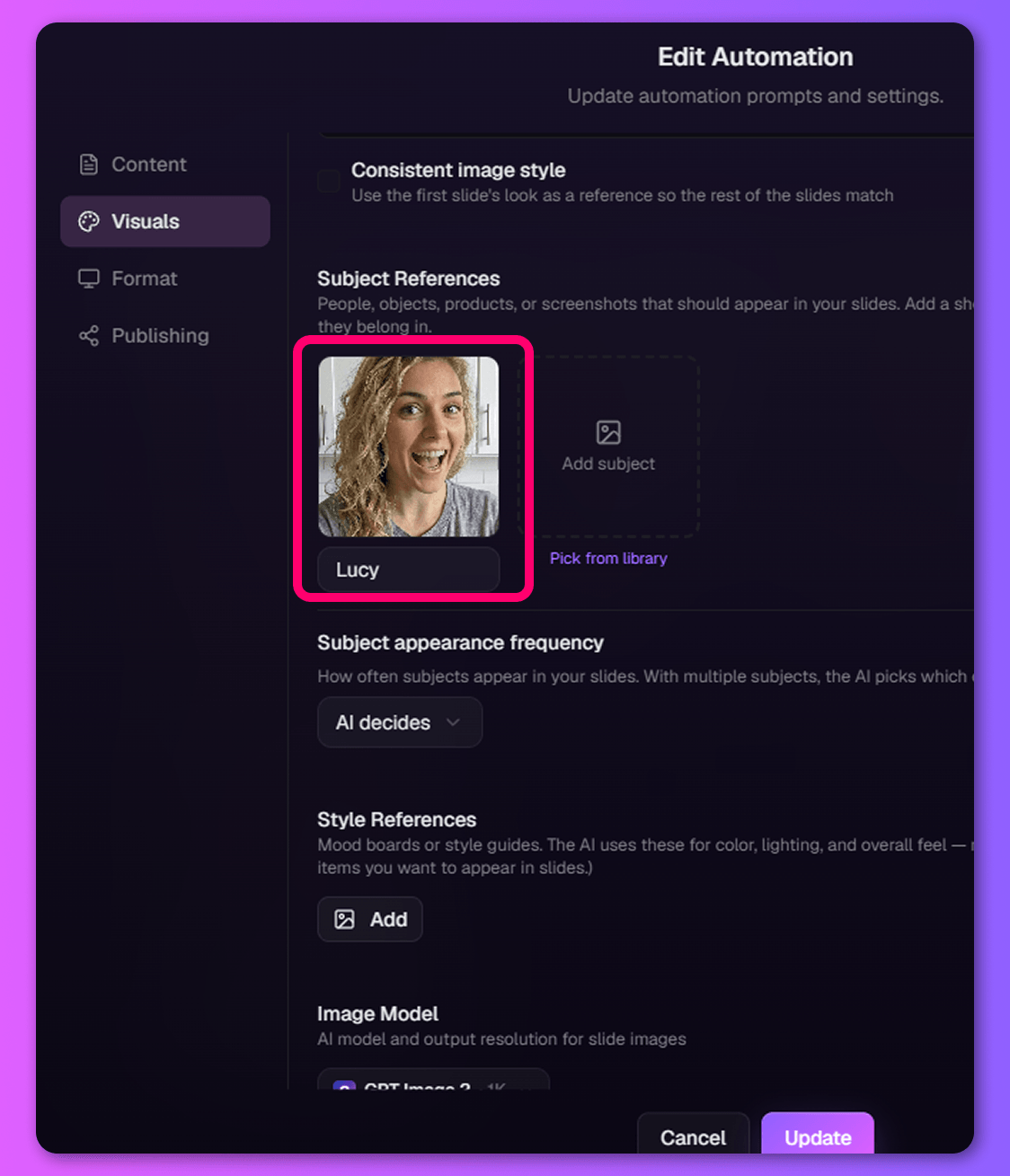 The Visuals tab — a labelled recurring character added as a Subject Reference, with the appearance-frequency control.