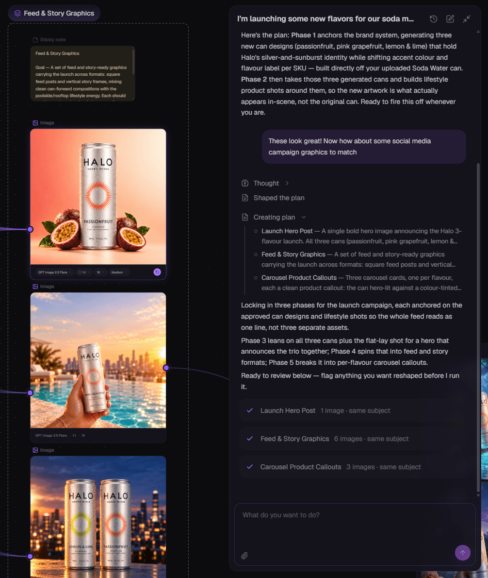 The Canvas Agent builds on approved HALO flavour designs with a plan for launch posts, feed and story graphics, and product callouts.