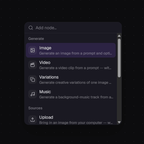 The searchable Add node menu, showing image, video, variations, music, and upload options with more below.