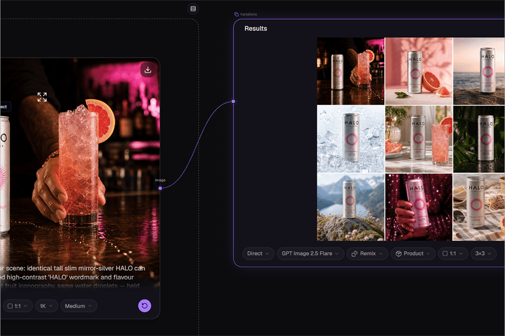 A generated HALO cocktail image feeds a three-by-three grid of product variations in different settings.