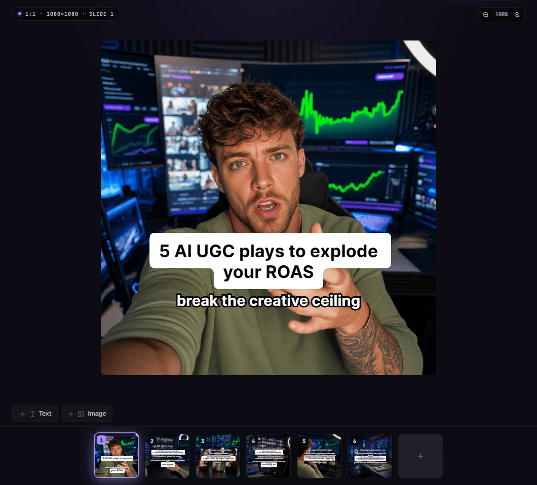 The TurboClip slide editor — the hook slide open, with text and image tools and the deck's filmstrip below.